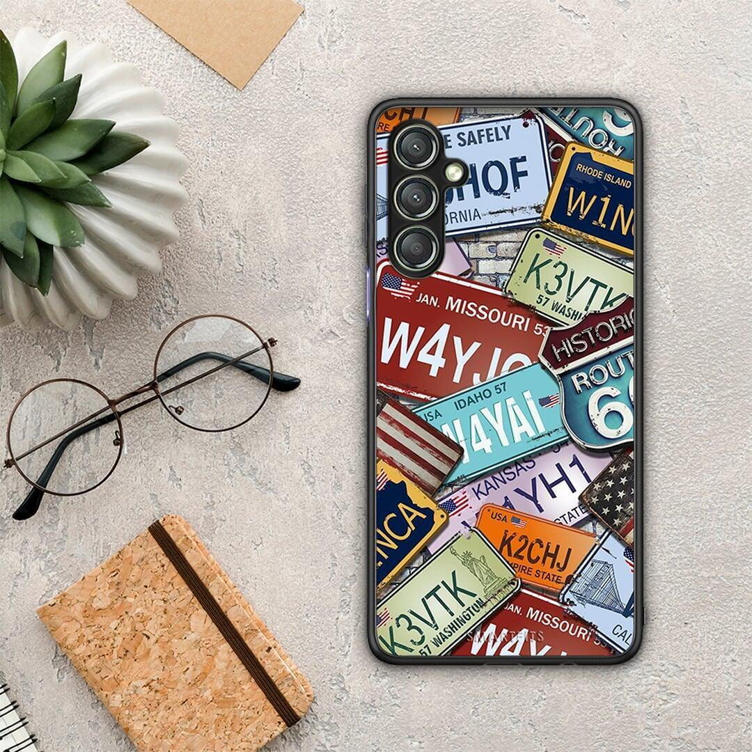 Θήκη Samsung Galaxy A24 4G Car Plates από τη Smartfits με σχέδιο στο πίσω μέρος και μαύρο περίβλημα | Samsung Galaxy A24 4G Car Plates Case with Colorful Back and Black Bezels