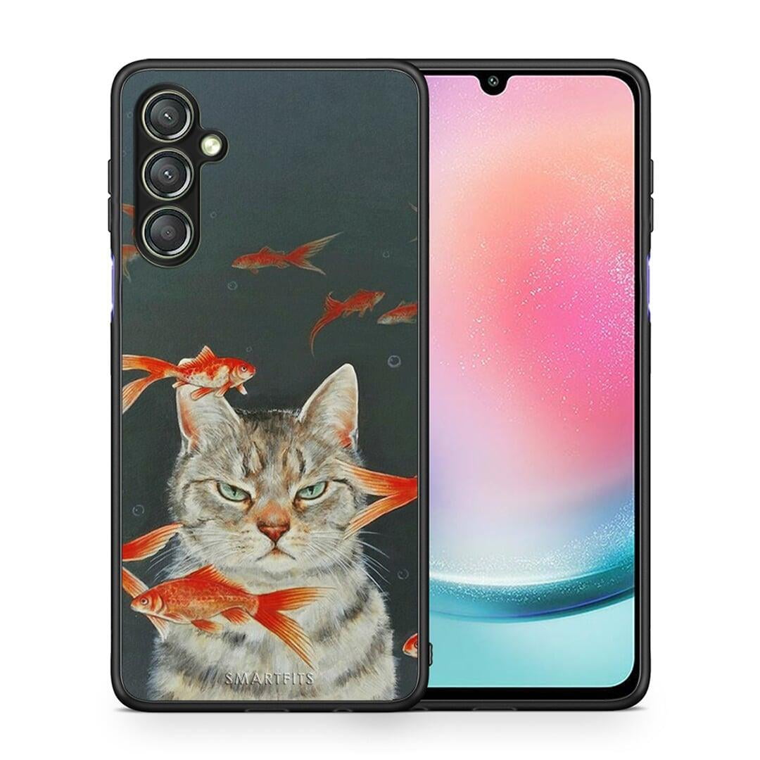 Θήκη Samsung Galaxy A24 4G Cat Goldfish από τη Smartfits με σχέδιο στο πίσω μέρος και μαύρο περίβλημα | Samsung Galaxy A24 4G Cat Goldfish Case with Colorful Back and Black Bezels