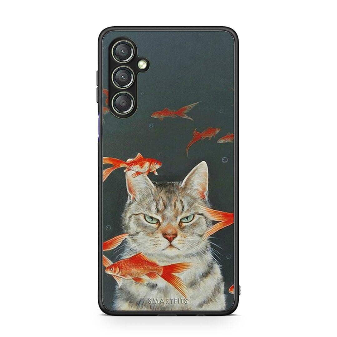Θήκη Samsung Galaxy A24 4G Cat Goldfish από τη Smartfits με σχέδιο στο πίσω μέρος και μαύρο περίβλημα | Samsung Galaxy A24 4G Cat Goldfish Case with Colorful Back and Black Bezels