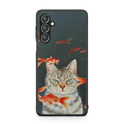 Θήκη Samsung Galaxy A24 4G Cat Goldfish από τη Smartfits με σχέδιο στο πίσω μέρος και μαύρο περίβλημα | Samsung Galaxy A24 4G Cat Goldfish Case with Colorful Back and Black Bezels