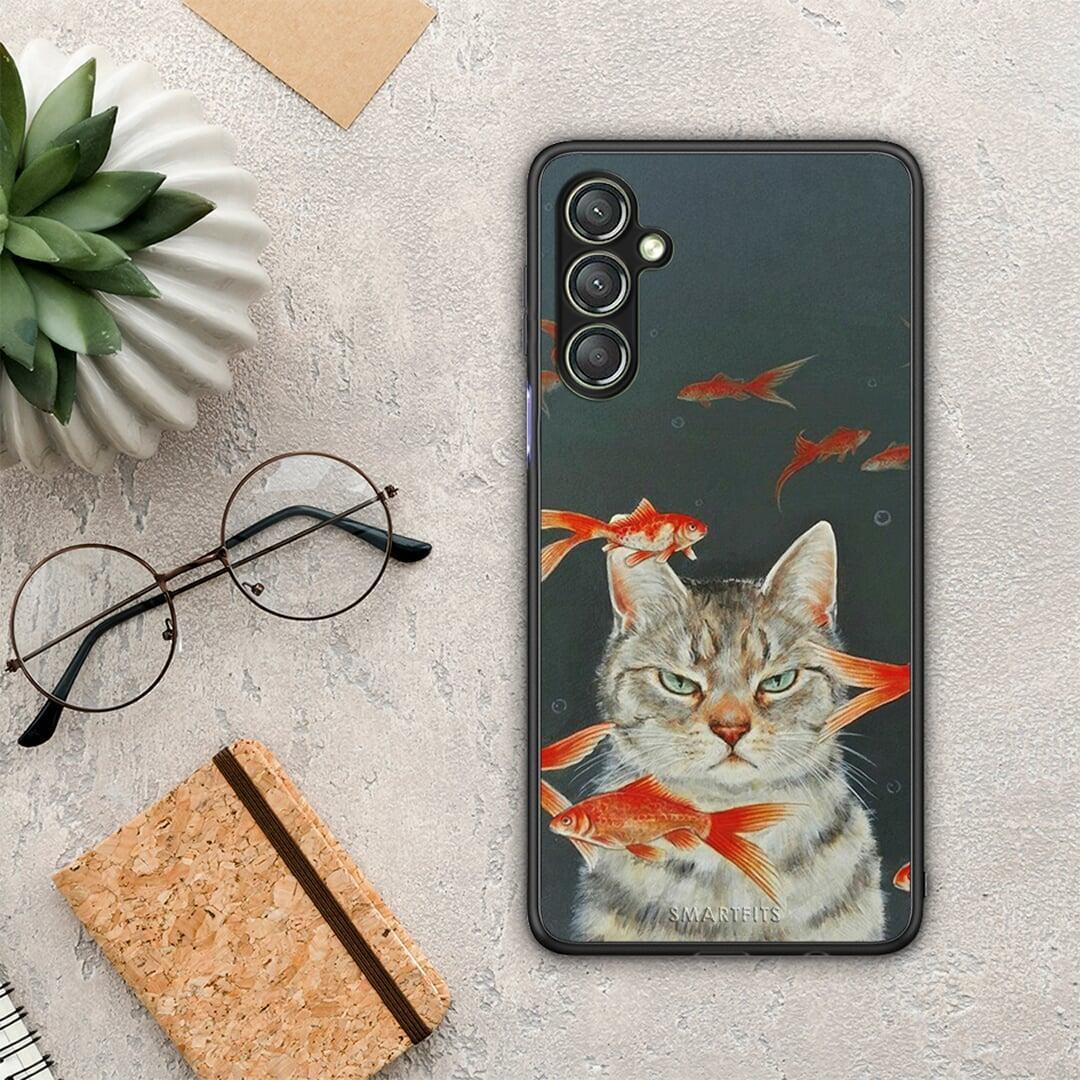 Θήκη Samsung Galaxy A24 4G Cat Goldfish από τη Smartfits με σχέδιο στο πίσω μέρος και μαύρο περίβλημα | Samsung Galaxy A24 4G Cat Goldfish Case with Colorful Back and Black Bezels