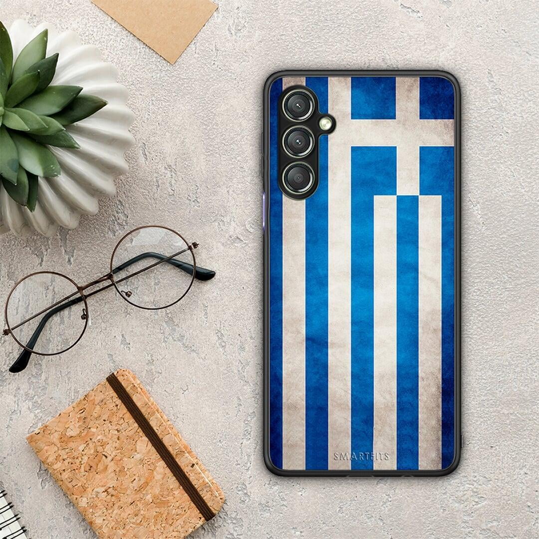 Θήκη Samsung Galaxy A24 4G Flag Greek από τη Smartfits με σχέδιο στο πίσω μέρος και μαύρο περίβλημα | Samsung Galaxy A24 4G Flag Greek Case with Colorful Back and Black Bezels