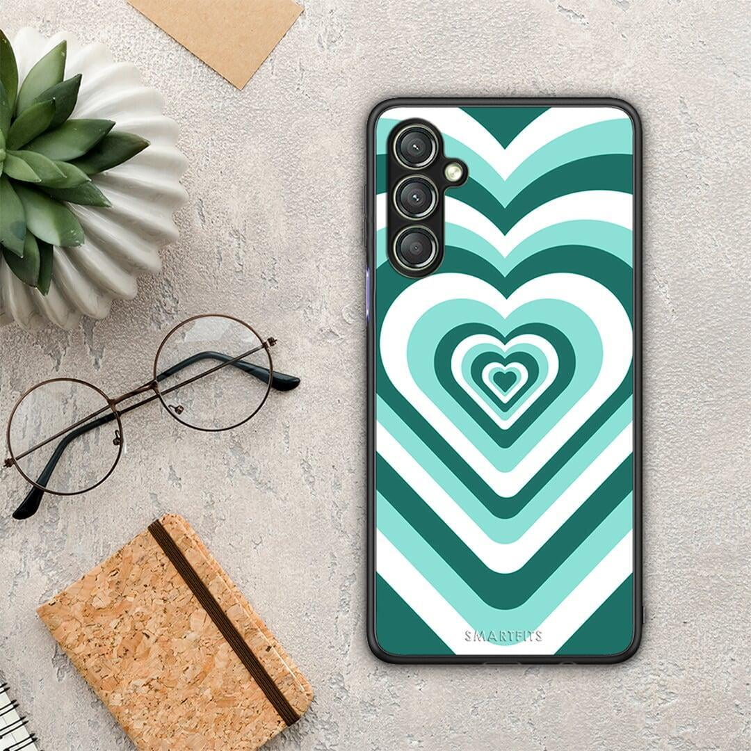 Θήκη Samsung Galaxy A24 4G Green Hearts από τη Smartfits με σχέδιο στο πίσω μέρος και μαύρο περίβλημα | Samsung Galaxy A24 4G Green Hearts Case with Colorful Back and Black Bezels