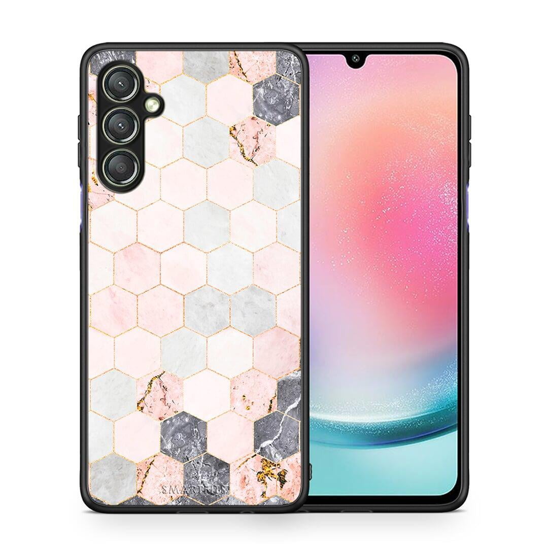 Θήκη Samsung Galaxy A24 4G Marble Hexagon Pink από τη Smartfits με σχέδιο στο πίσω μέρος και μαύρο περίβλημα | Samsung Galaxy A24 4G Marble Hexagon Pink Case with Colorful Back and Black Bezels