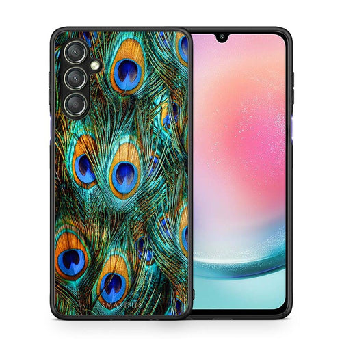 Θήκη Samsung Galaxy A24 4G Real Peacock Feathers από τη Smartfits με σχέδιο στο πίσω μέρος και μαύρο περίβλημα | Samsung Galaxy A24 4G Real Peacock Feathers Case with Colorful Back and Black Bezels