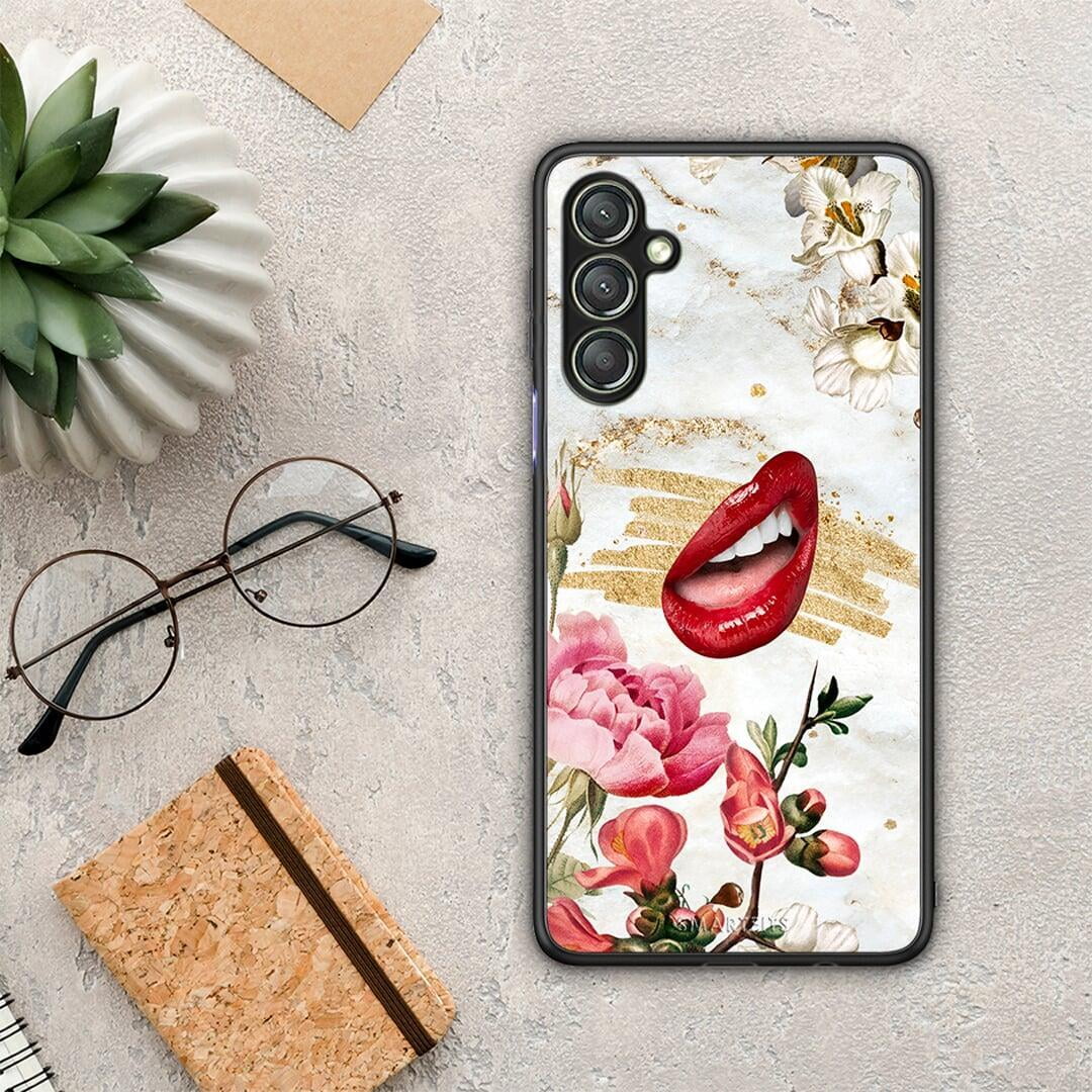 Θήκη Samsung Galaxy A24 4G Red Lips από τη Smartfits με σχέδιο στο πίσω μέρος και μαύρο περίβλημα | Samsung Galaxy A24 4G Red Lips Case with Colorful Back and Black Bezels