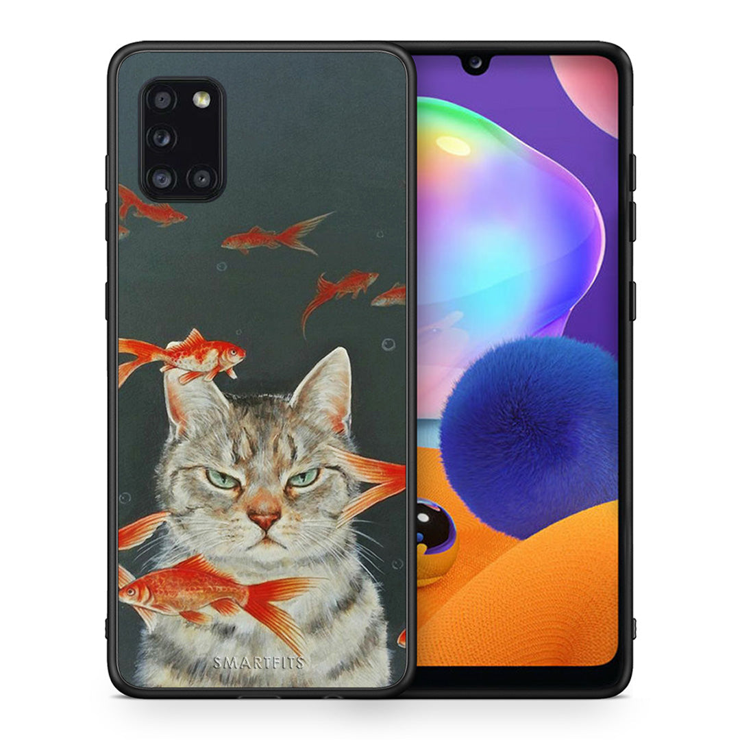 Θήκη Samsung Galaxy A31 Cat Goldfish από τη Smartfits με σχέδιο στο πίσω μέρος και μαύρο περίβλημα | Samsung Galaxy A31 Cat Goldfish case with colorful back and black bezels