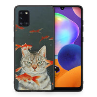 Thumbnail for Θήκη Samsung Galaxy A31 Cat Goldfish από τη Smartfits με σχέδιο στο πίσω μέρος και μαύρο περίβλημα | Samsung Galaxy A31 Cat Goldfish case with colorful back and black bezels