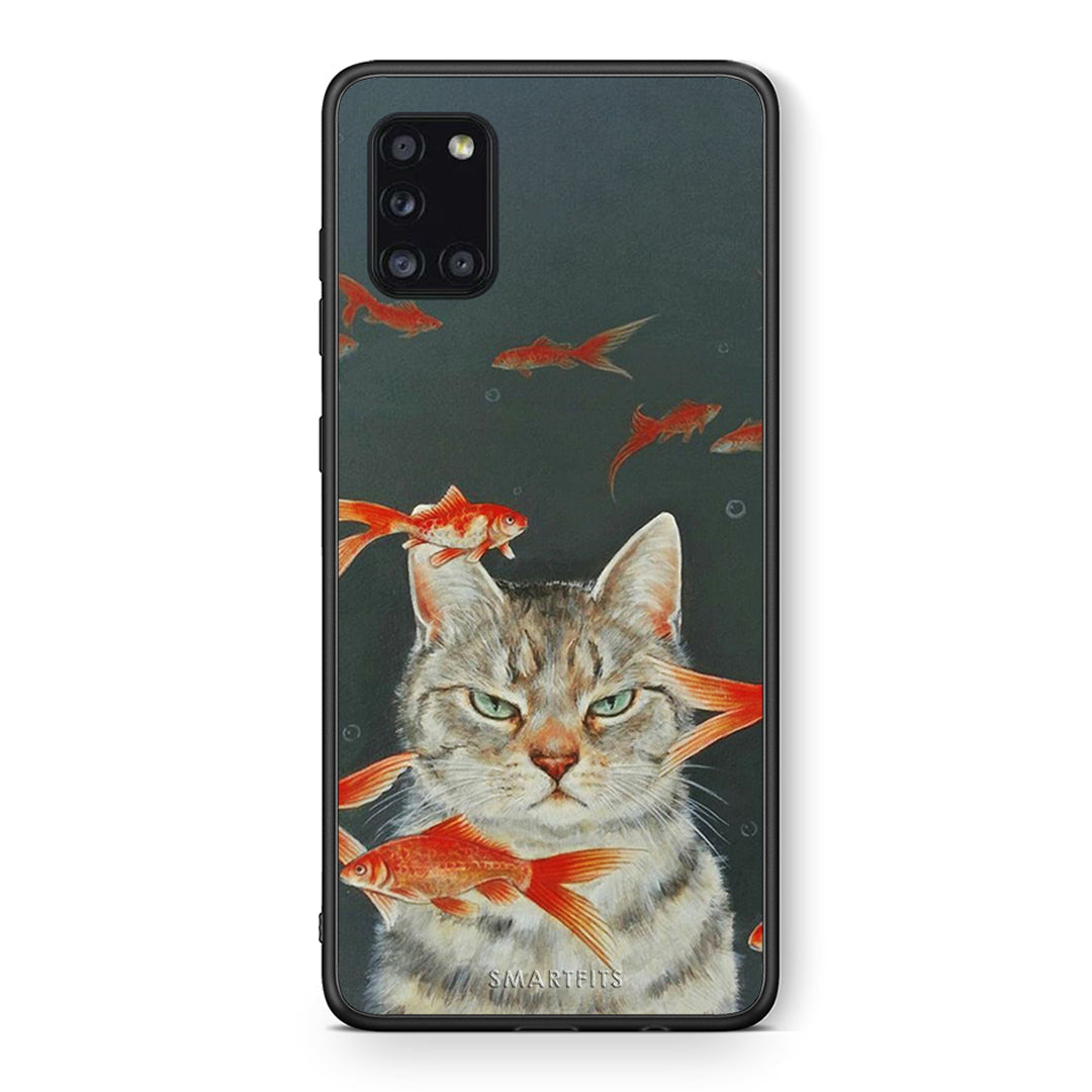 Θήκη Samsung Galaxy A31 Cat Goldfish από τη Smartfits με σχέδιο στο πίσω μέρος και μαύρο περίβλημα | Samsung Galaxy A31 Cat Goldfish case with colorful back and black bezels