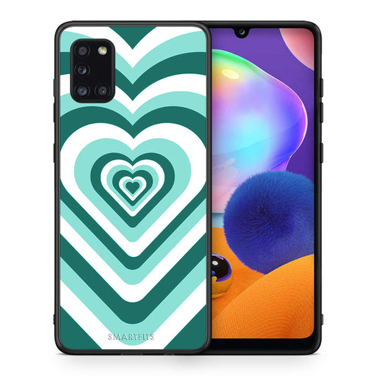 Θήκη Samsung Galaxy A31 Green Hearts από τη Smartfits με σχέδιο στο πίσω μέρος και μαύρο περίβλημα | Samsung Galaxy A31 Green Hearts case with colorful back and black bezels