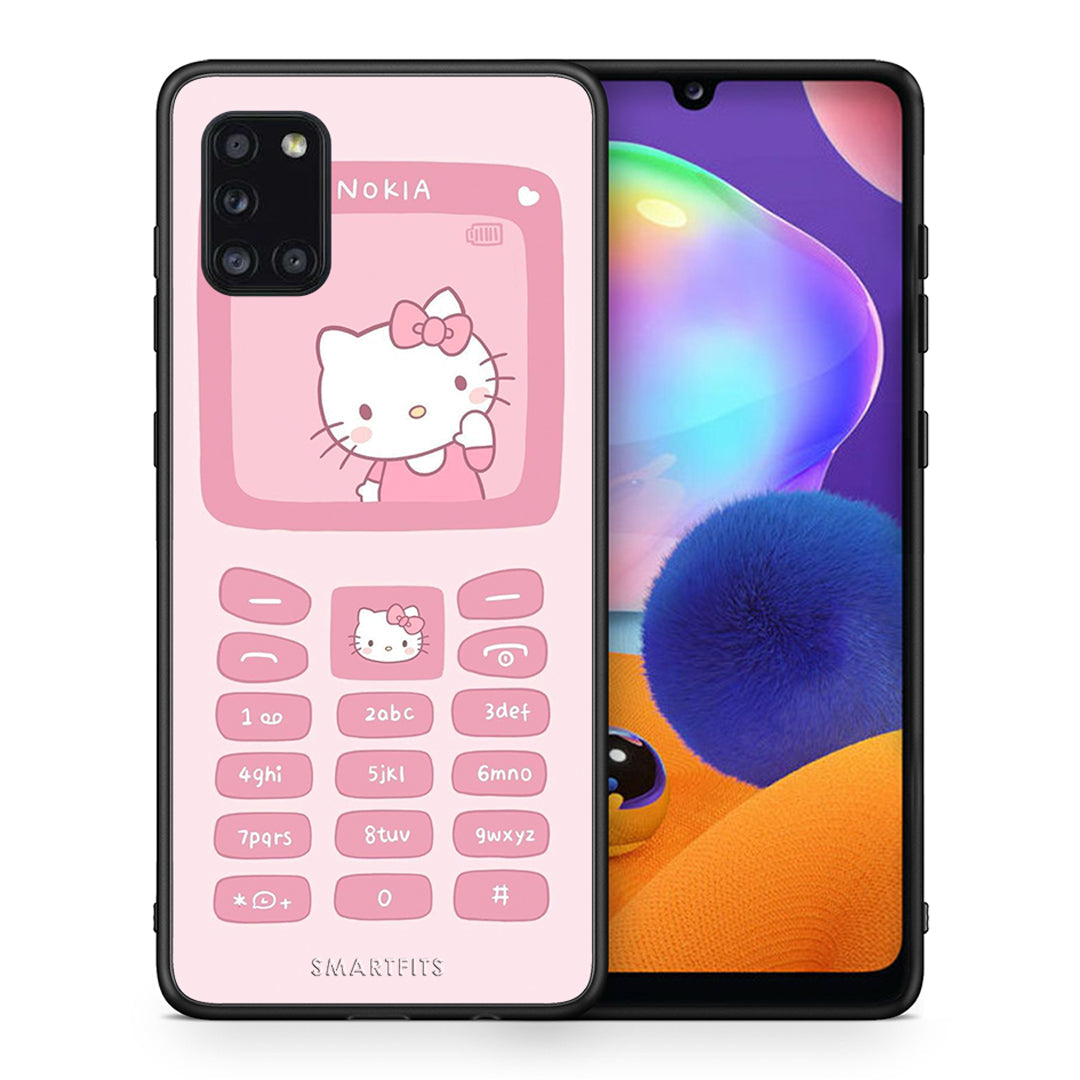 Θήκη Αγίου Βαλεντίνου Samsung Galaxy A31 Hello Kitten από τη Smartfits με σχέδιο στο πίσω μέρος και μαύρο περίβλημα | Samsung Galaxy A31 Hello Kitten case with colorful back and black bezels