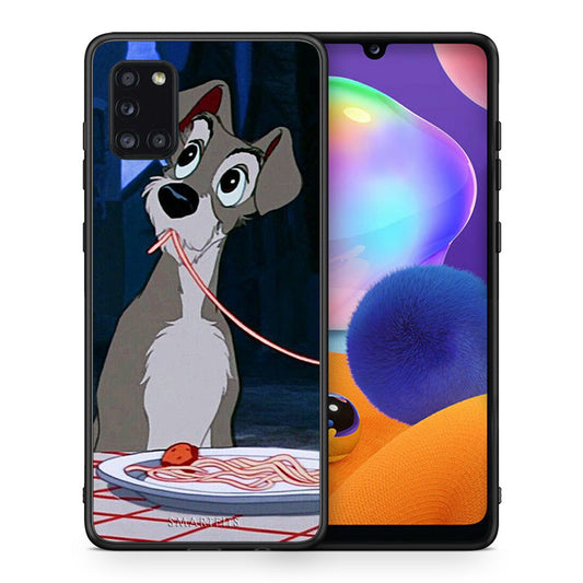 Θήκη Αγίου Βαλεντίνου Samsung Galaxy A31 Lady And Tramp 1 από τη Smartfits με σχέδιο στο πίσω μέρος και μαύρο περίβλημα | Samsung Galaxy A31 Lady And Tramp 1 case with colorful back and black bezels