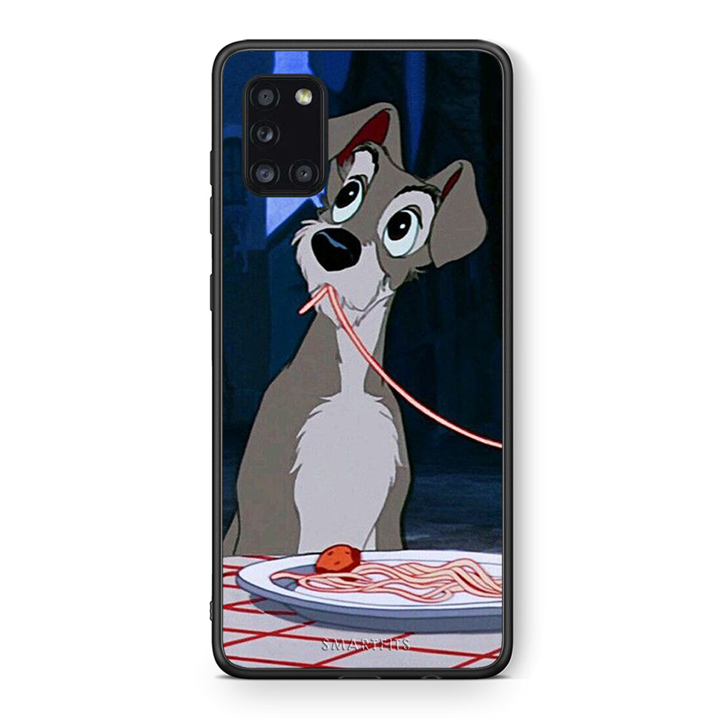Θήκη Αγίου Βαλεντίνου Samsung Galaxy A31 Lady And Tramp 1 από τη Smartfits με σχέδιο στο πίσω μέρος και μαύρο περίβλημα | Samsung Galaxy A31 Lady And Tramp 1 case with colorful back and black bezels