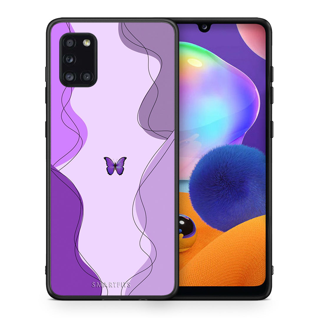 Θήκη Αγίου Βαλεντίνου Samsung Galaxy A31 Purple Mariposa από τη Smartfits με σχέδιο στο πίσω μέρος και μαύρο περίβλημα | Samsung Galaxy A31 Purple Mariposa case with colorful back and black bezels