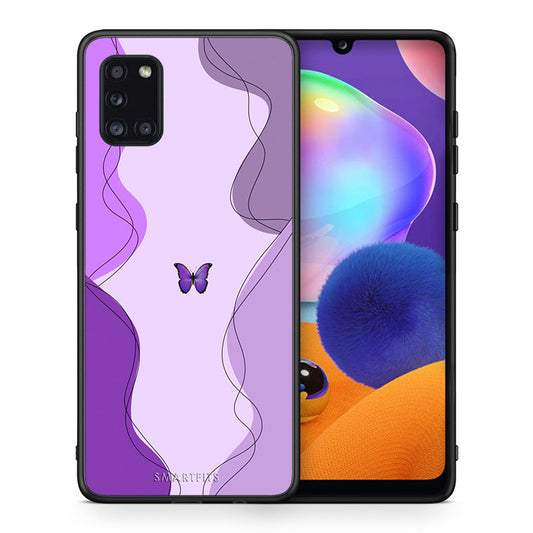 Θήκη Αγίου Βαλεντίνου Samsung Galaxy A31 Purple Mariposa από τη Smartfits με σχέδιο στο πίσω μέρος και μαύρο περίβλημα | Samsung Galaxy A31 Purple Mariposa case with colorful back and black bezels