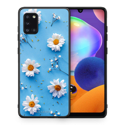 Θήκη Samsung Galaxy A31 Real Daisies από τη Smartfits με σχέδιο στο πίσω μέρος και μαύρο περίβλημα | Samsung Galaxy A31 Real Daisies case with colorful back and black bezels