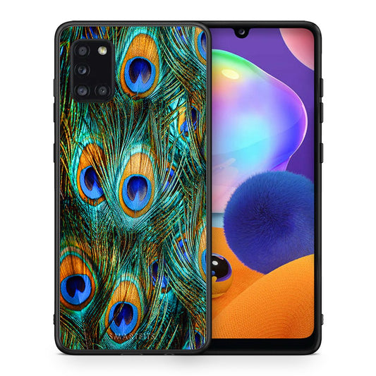 Θήκη Samsung Galaxy A31 Real Peacock Feathers από τη Smartfits με σχέδιο στο πίσω μέρος και μαύρο περίβλημα | Samsung Galaxy A31 Real Peacock Feathers case with colorful back and black bezels