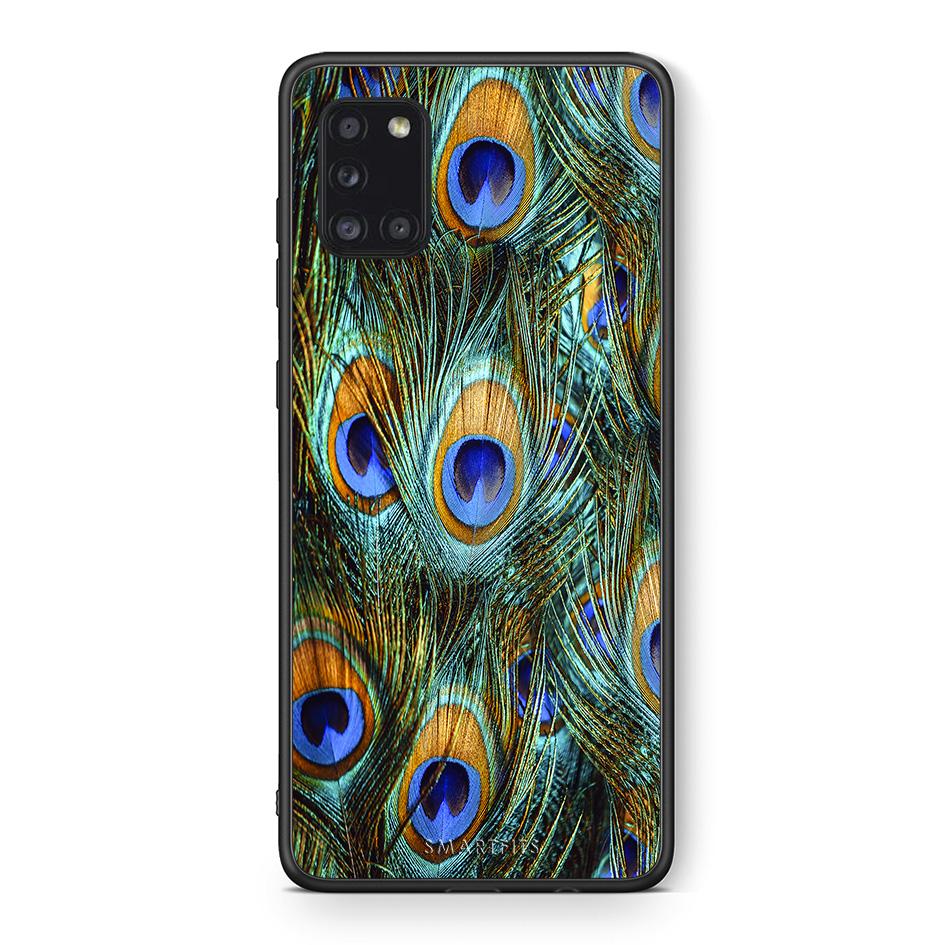 Θήκη Samsung Galaxy A31 Real Peacock Feathers από τη Smartfits με σχέδιο στο πίσω μέρος και μαύρο περίβλημα | Samsung Galaxy A31 Real Peacock Feathers case with colorful back and black bezels