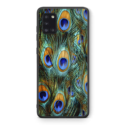 Θήκη Samsung Galaxy A31 Real Peacock Feathers από τη Smartfits με σχέδιο στο πίσω μέρος και μαύρο περίβλημα | Samsung Galaxy A31 Real Peacock Feathers case with colorful back and black bezels
