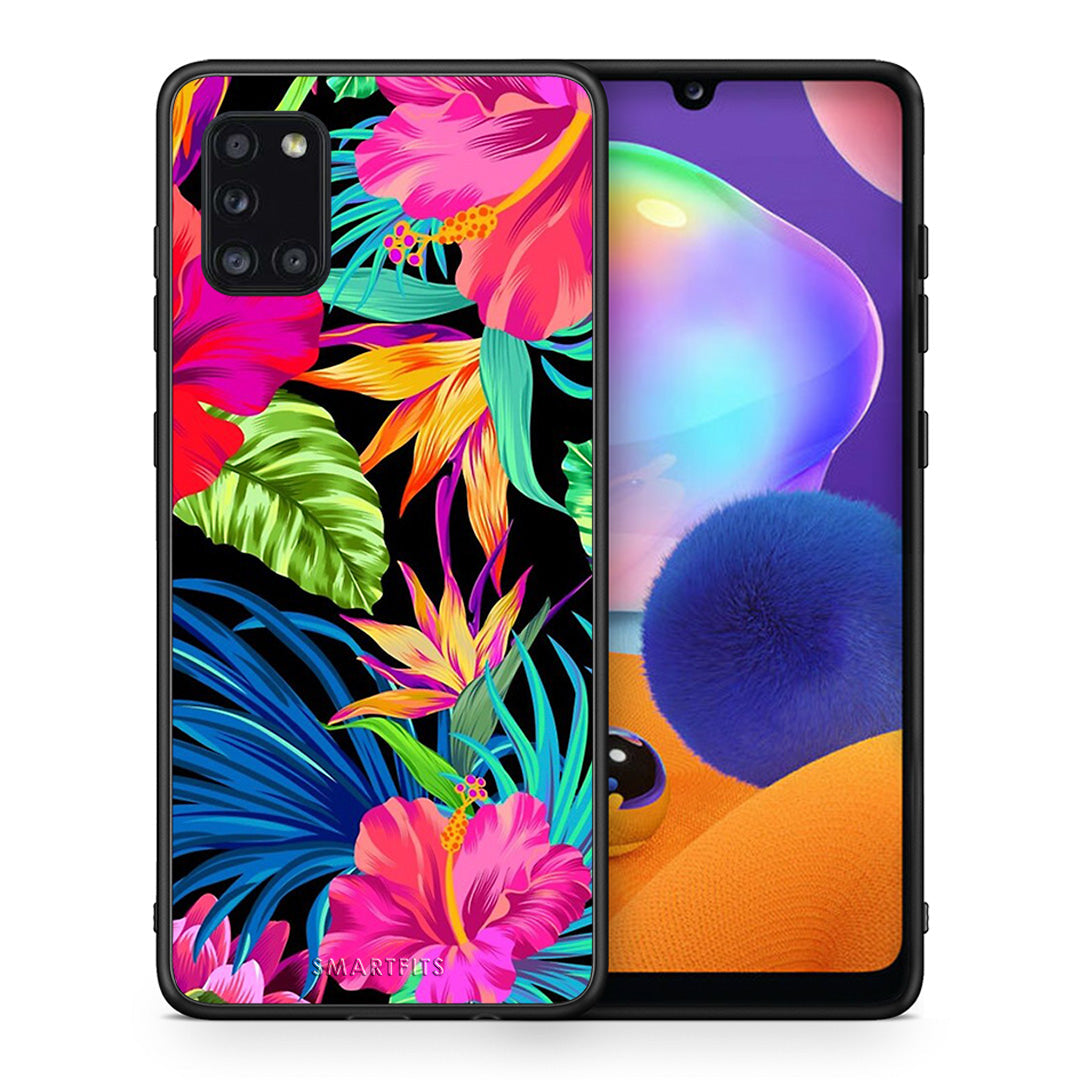 Θήκη Samsung Galaxy A31 Tropical Flowers από τη Smartfits με σχέδιο στο πίσω μέρος και μαύρο περίβλημα | Samsung Galaxy A31 Tropical Flowers case with colorful back and black bezels