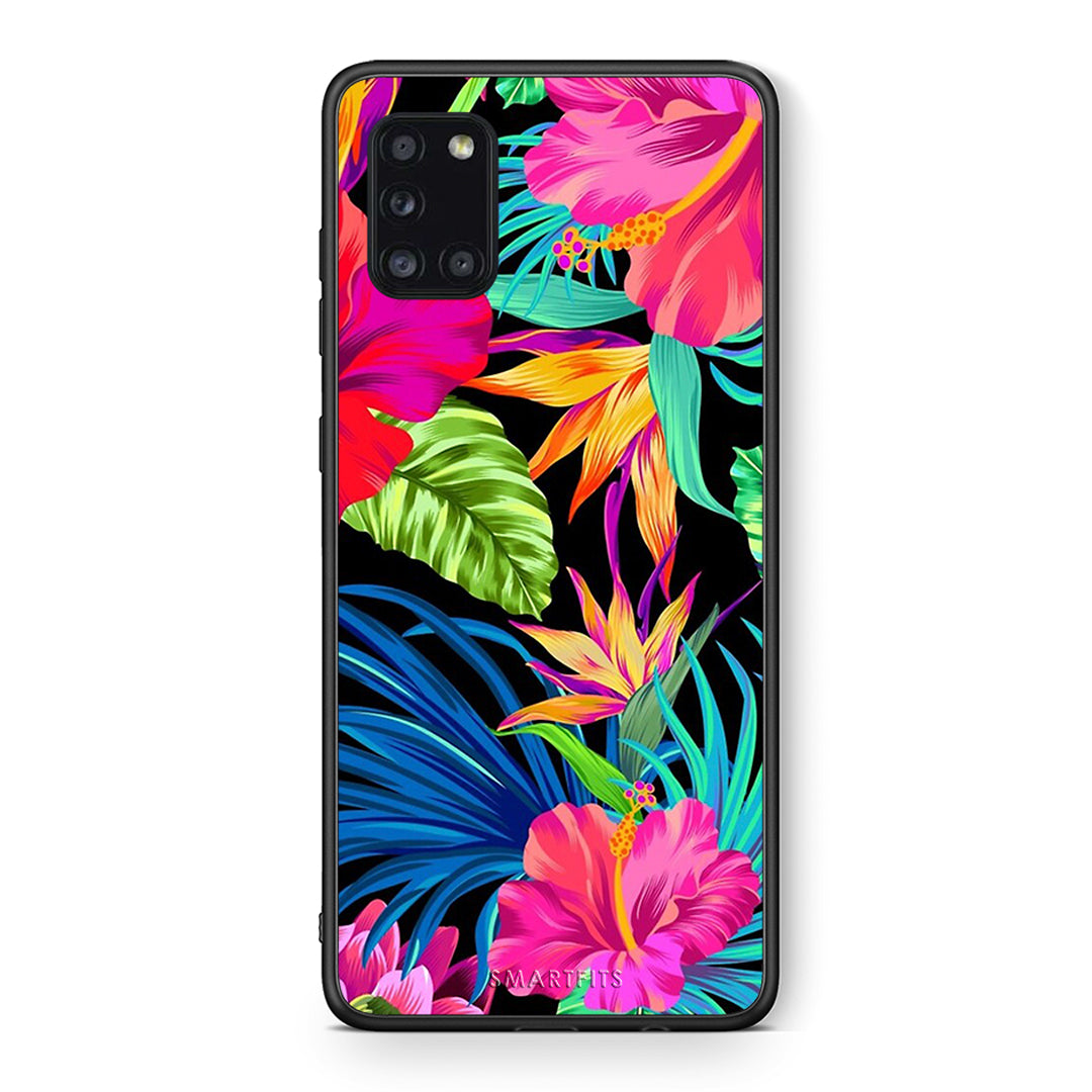 Θήκη Samsung Galaxy A31 Tropical Flowers από τη Smartfits με σχέδιο στο πίσω μέρος και μαύρο περίβλημα | Samsung Galaxy A31 Tropical Flowers case with colorful back and black bezels