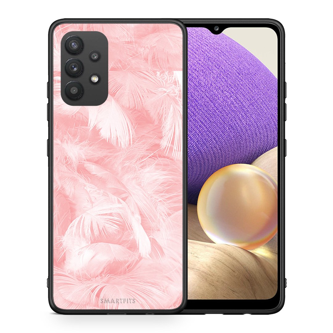 Θήκη Samsung A32 4G Pink Feather Boho από τη Smartfits με σχέδιο στο πίσω μέρος και μαύρο περίβλημα | Samsung A32 4G Pink Feather Boho case with colorful back and black bezels