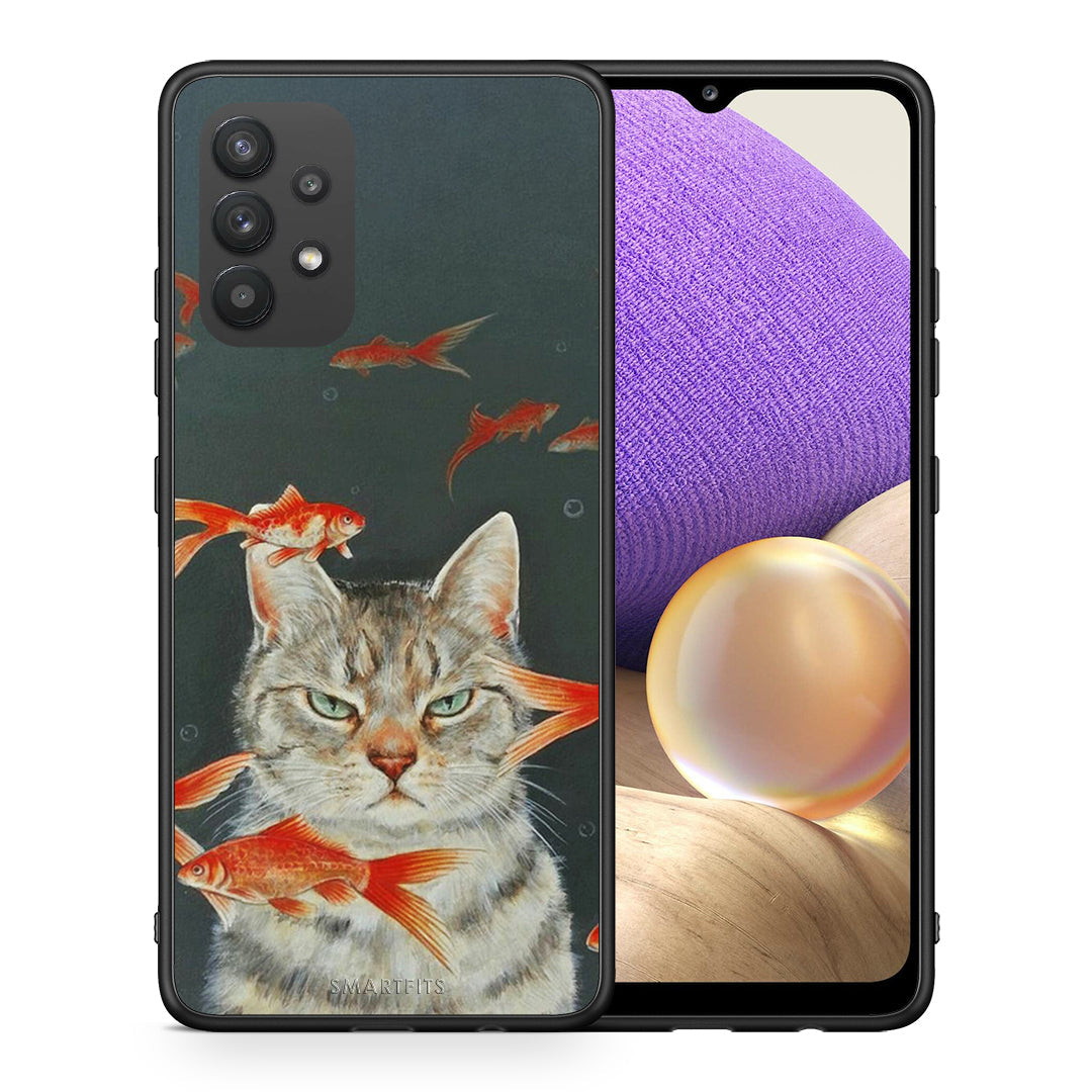 Θήκη Samsung A32 4G Cat Goldfish από τη Smartfits με σχέδιο στο πίσω μέρος και μαύρο περίβλημα | Samsung A32 4G Cat Goldfish case with colorful back and black bezels