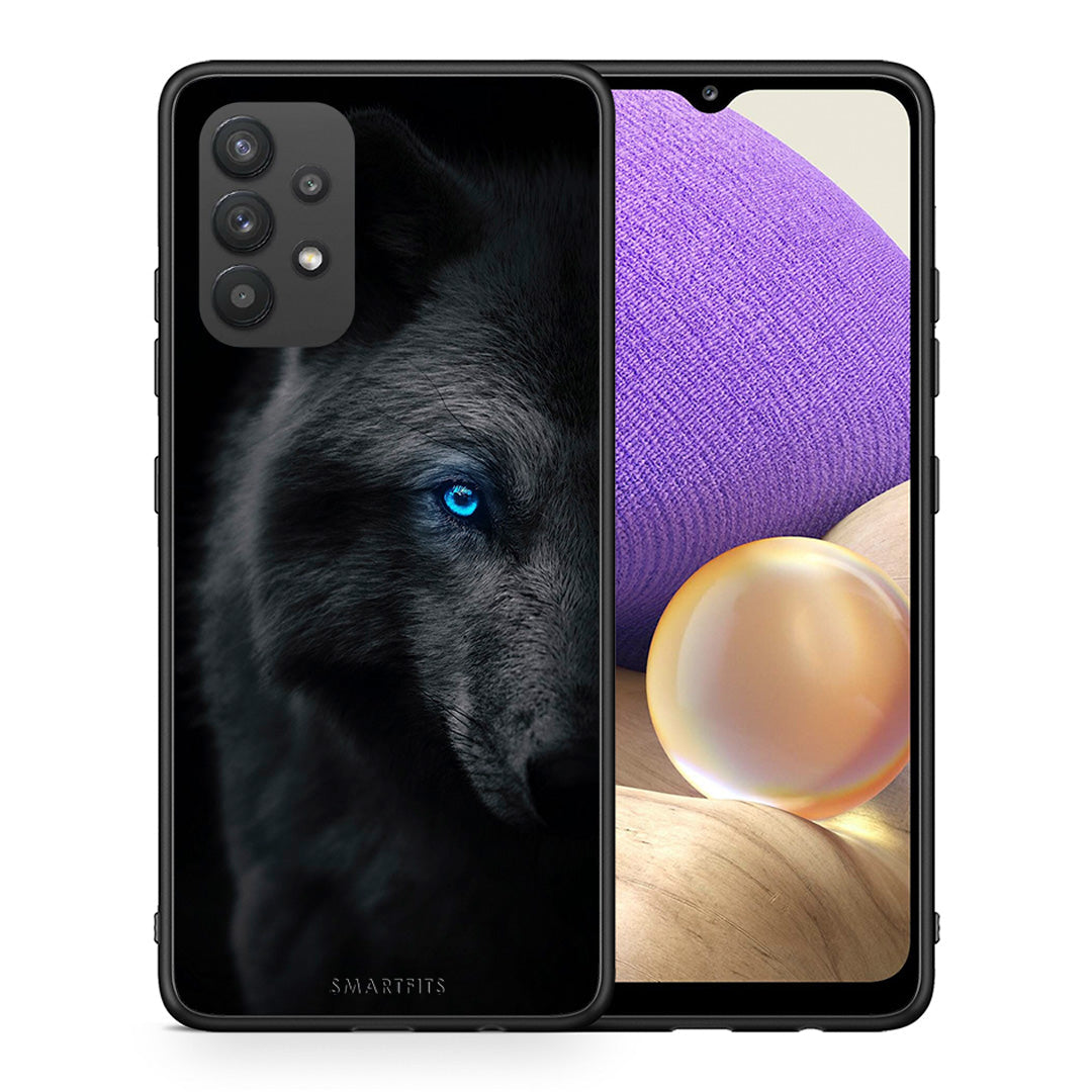 Θήκη Samsung A32 4G Dark Wolf από τη Smartfits με σχέδιο στο πίσω μέρος και μαύρο περίβλημα | Samsung A32 4G Dark Wolf case with colorful back and black bezels