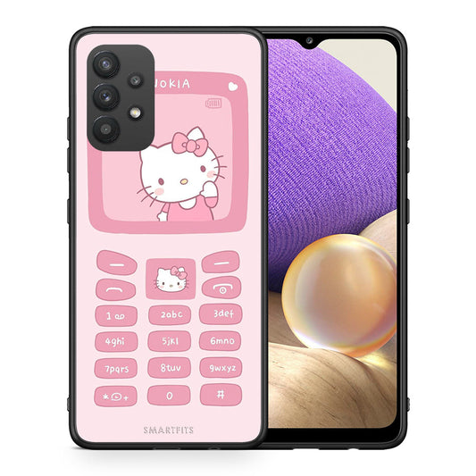 Θήκη Αγίου Βαλεντίνου Samsung A32 4G Hello Kitten από τη Smartfits με σχέδιο στο πίσω μέρος και μαύρο περίβλημα | Samsung A32 4G Hello Kitten case with colorful back and black bezels