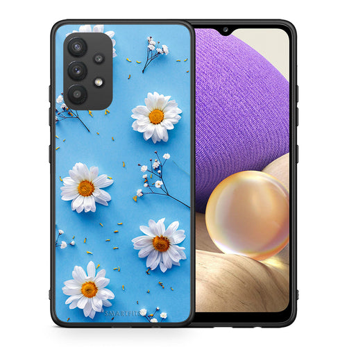 Θήκη Samsung A32 4G Real Daisies από τη Smartfits με σχέδιο στο πίσω μέρος και μαύρο περίβλημα | Samsung A32 4G Real Daisies case with colorful back and black bezels