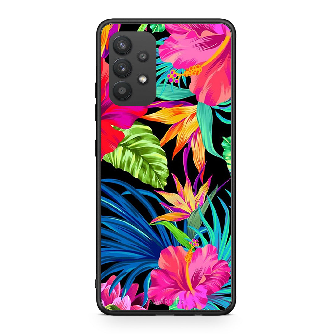 Samsung A32 4G Tropical Flowers θήκη από τη Smartfits με σχέδιο στο πίσω μέρος και μαύρο περίβλημα | Smartphone case with colorful back and black bezels by Smartfits