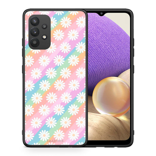 Θήκη Samsung A32 4G White Daisies από τη Smartfits με σχέδιο στο πίσω μέρος και μαύρο περίβλημα | Samsung A32 4G White Daisies case with colorful back and black bezels