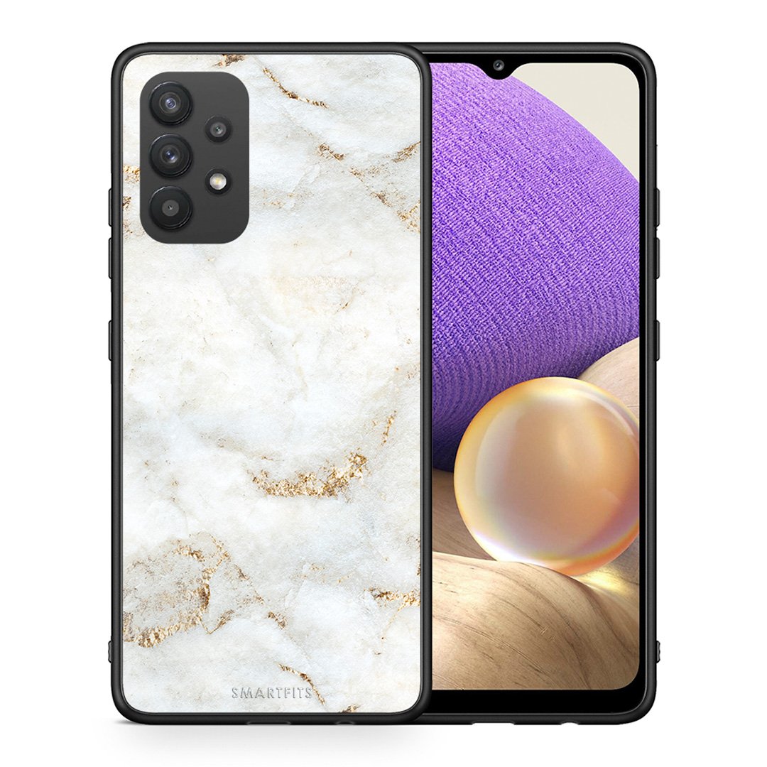 Θήκη Samsung A32 4G White Gold Marble από τη Smartfits με σχέδιο στο πίσω μέρος και μαύρο περίβλημα | Samsung A32 4G White Gold Marble case with colorful back and black bezels