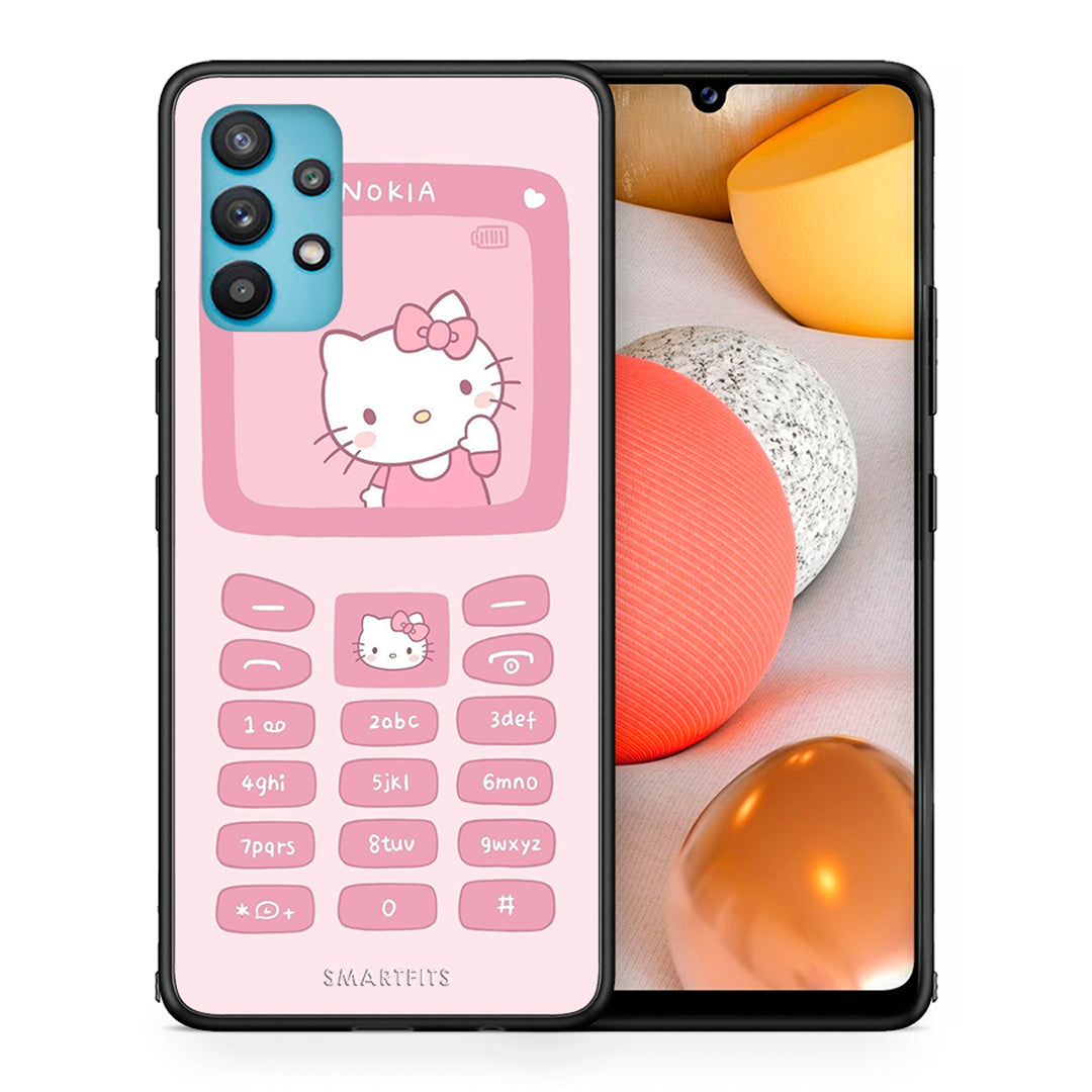 Θήκη Αγίου Βαλεντίνου Samsung Galaxy A32 5G Hello Kitten από τη Smartfits με σχέδιο στο πίσω μέρος και μαύρο περίβλημα | Samsung Galaxy A32 5G Hello Kitten case with colorful back and black bezels