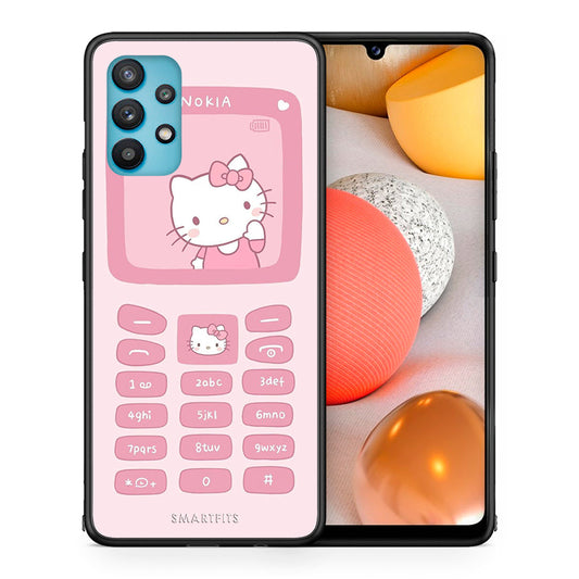 Θήκη Αγίου Βαλεντίνου Samsung Galaxy A32 5G Hello Kitten από τη Smartfits με σχέδιο στο πίσω μέρος και μαύρο περίβλημα | Samsung Galaxy A32 5G Hello Kitten case with colorful back and black bezels