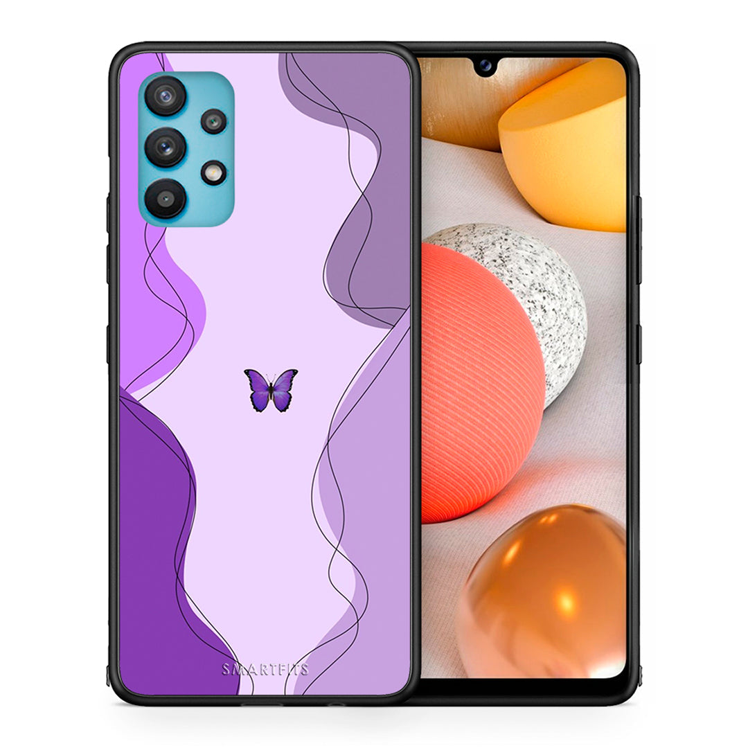 Θήκη Αγίου Βαλεντίνου Samsung Galaxy A32 5G Purple Mariposa από τη Smartfits με σχέδιο στο πίσω μέρος και μαύρο περίβλημα | Samsung Galaxy A32 5G Purple Mariposa case with colorful back and black bezels