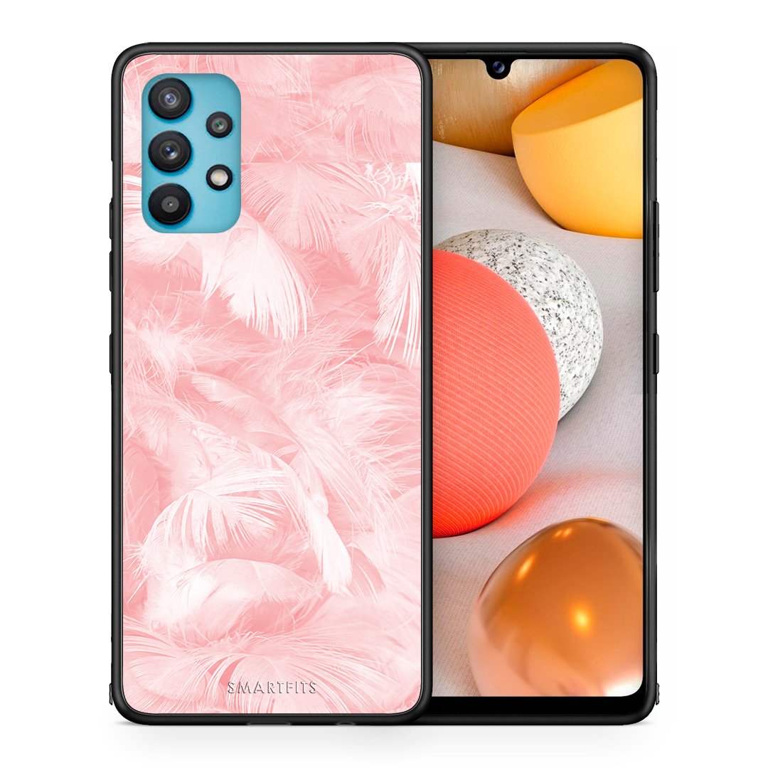 Θήκη Samsung Galaxy A32 5G  Pink Feather Boho από τη Smartfits με σχέδιο στο πίσω μέρος και μαύρο περίβλημα | Samsung Galaxy A32 5G  Pink Feather Boho case with colorful back and black bezels