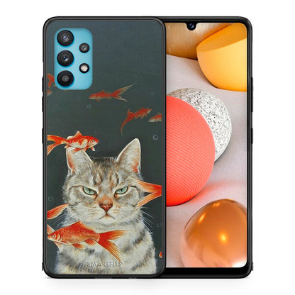 Θήκη Samsung Galaxy A32 5G  Cat Goldfish από τη Smartfits με σχέδιο στο πίσω μέρος και μαύρο περίβλημα | Samsung Galaxy A32 5G  Cat Goldfish case with colorful back and black bezels