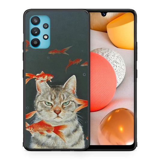 Θήκη Samsung Galaxy A32 5G  Cat Goldfish από τη Smartfits με σχέδιο στο πίσω μέρος και μαύρο περίβλημα | Samsung Galaxy A32 5G  Cat Goldfish case with colorful back and black bezels