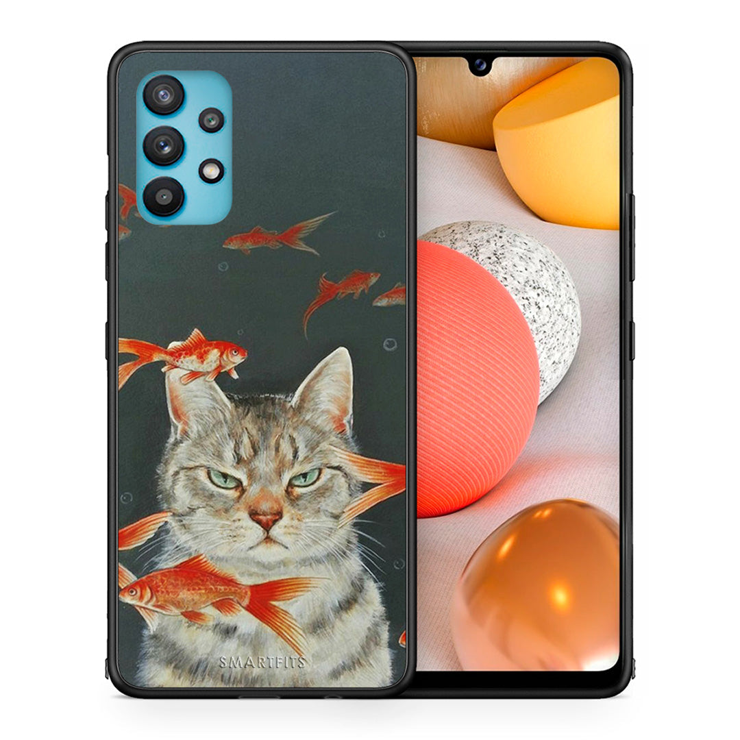 Θήκη Samsung Galaxy A32 5G  Cat Goldfish από τη Smartfits με σχέδιο στο πίσω μέρος και μαύρο περίβλημα | Samsung Galaxy A32 5G  Cat Goldfish case with colorful back and black bezels