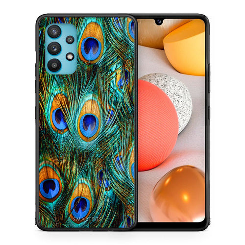 Θήκη Samsung Galaxy A32 5G  Real Peacock Feathers από τη Smartfits με σχέδιο στο πίσω μέρος και μαύρο περίβλημα | Samsung Galaxy A32 5G  Real Peacock Feathers case with colorful back and black bezels