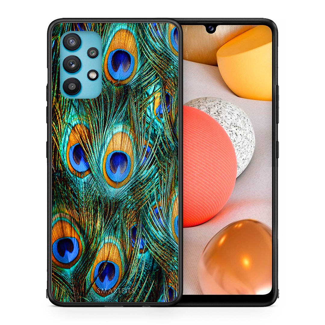 Θήκη Samsung Galaxy A32 5G  Real Peacock Feathers από τη Smartfits με σχέδιο στο πίσω μέρος και μαύρο περίβλημα | Samsung Galaxy A32 5G  Real Peacock Feathers case with colorful back and black bezels