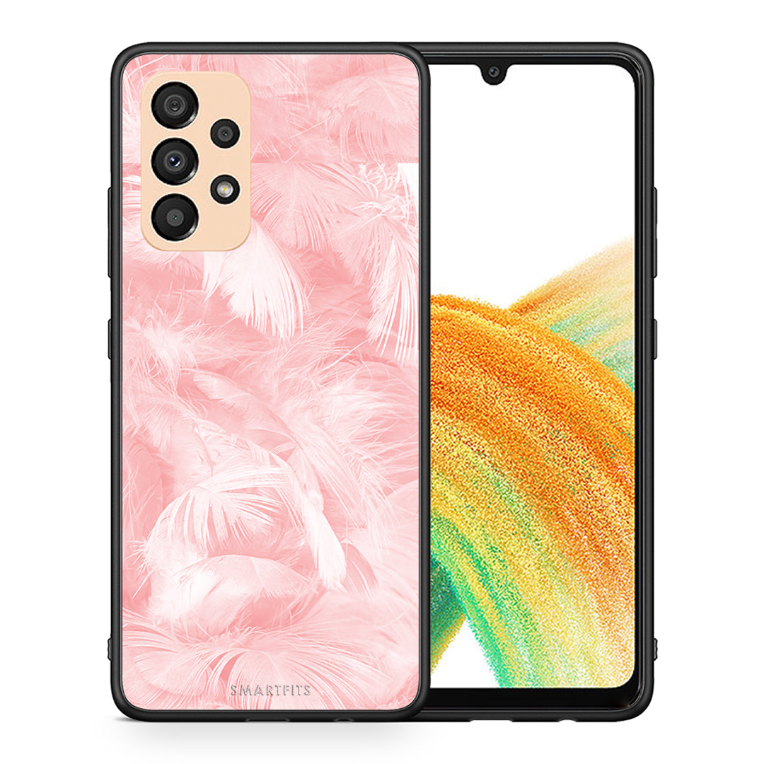 Θήκη Samsung A33 5G Pink Feather Boho από τη Smartfits με σχέδιο στο πίσω μέρος και μαύρο περίβλημα | Samsung A33 5G Pink Feather Boho case with colorful back and black bezels