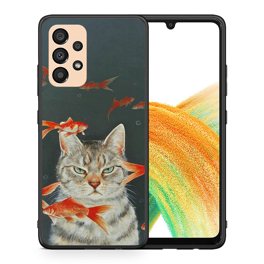 Θήκη Samsung A33 5G Cat Goldfish από τη Smartfits με σχέδιο στο πίσω μέρος και μαύρο περίβλημα | Samsung A33 5G Cat Goldfish case with colorful back and black bezels