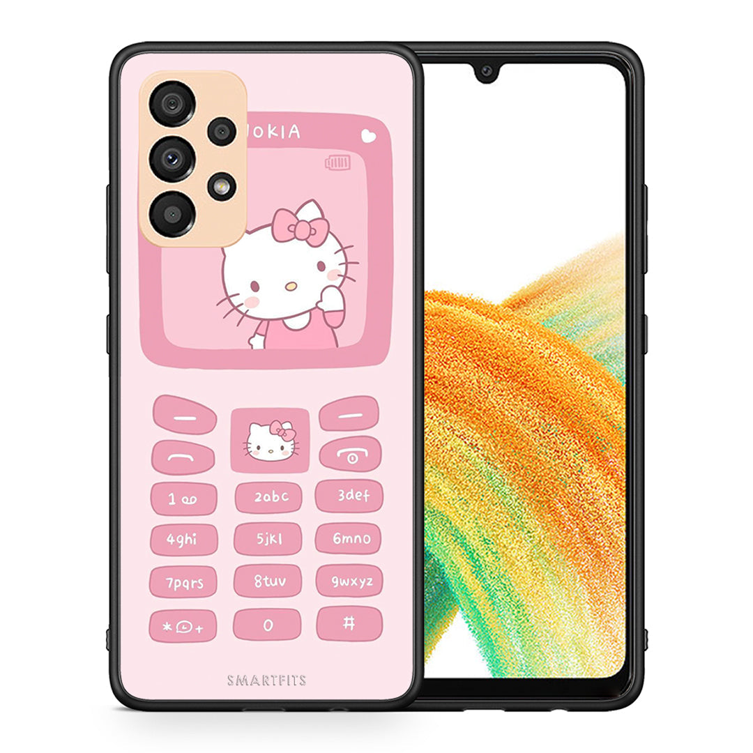 Θήκη Αγίου Βαλεντίνου Samsung A33 5G Hello Kitten από τη Smartfits με σχέδιο στο πίσω μέρος και μαύρο περίβλημα | Samsung A33 5G Hello Kitten case with colorful back and black bezels