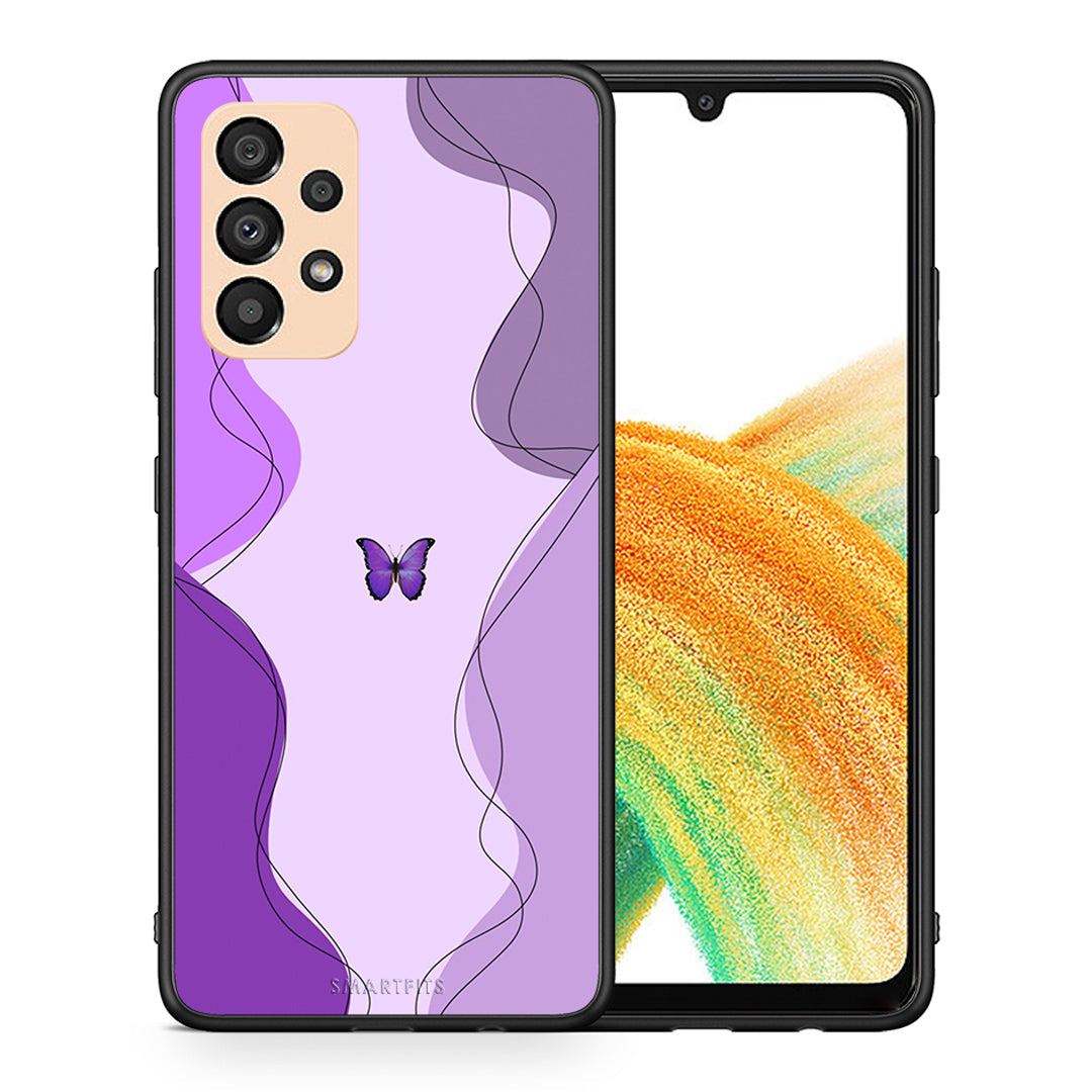 Θήκη Αγίου Βαλεντίνου Samsung A33 5G Purple Mariposa από τη Smartfits με σχέδιο στο πίσω μέρος και μαύρο περίβλημα | Samsung A33 5G Purple Mariposa case with colorful back and black bezels