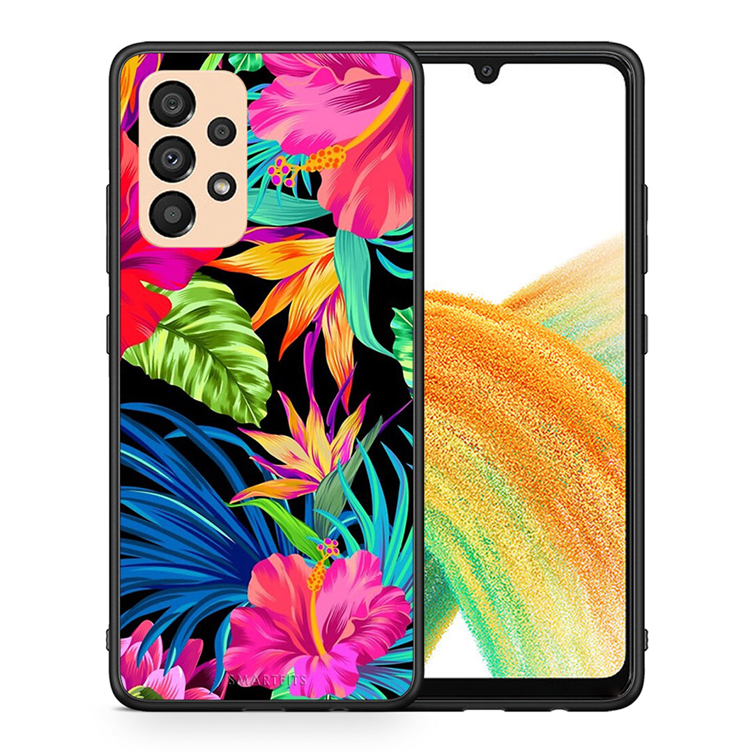 Θήκη Samsung A33 5G Tropical Flowers από τη Smartfits με σχέδιο στο πίσω μέρος και μαύρο περίβλημα | Samsung A33 5G Tropical Flowers case with colorful back and black bezels