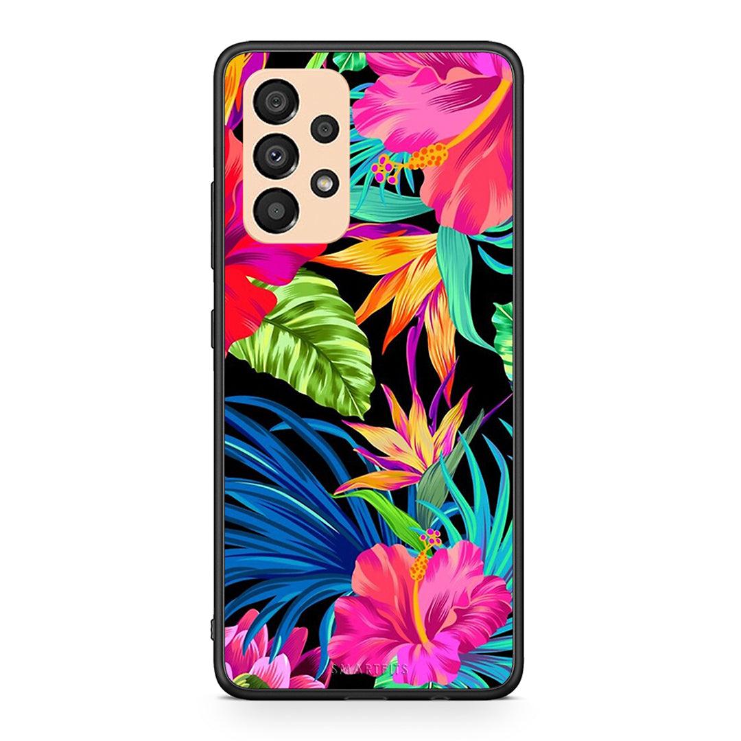 Samsung A33 5G Tropical Flowers θήκη από τη Smartfits με σχέδιο στο πίσω μέρος και μαύρο περίβλημα | Smartphone case with colorful back and black bezels by Smartfits