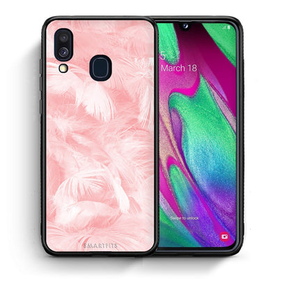 Θήκη Samsung A40 Pink Feather Boho από τη Smartfits με σχέδιο στο πίσω μέρος και μαύρο περίβλημα | Samsung A40 Pink Feather Boho case with colorful back and black bezels