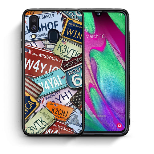 Θήκη Samsung A40 Car Plates από τη Smartfits με σχέδιο στο πίσω μέρος και μαύρο περίβλημα | Samsung A40 Car Plates case with colorful back and black bezels